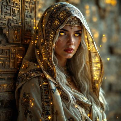 The primary subject of the image is a woman wearing a white and gold outfit, with a hood on her head. She is standing in front of a wall with a patterned design. The visual style of the image is a combination of photo and digital art, creating a unique and eye-catching appearance. The colors and mood of the image are predominantly white and gold, giving it a warm and elegant feel.